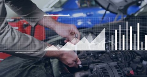 Automotive Technician Tightening Alternator Belt with Digital Diagnostics and Data Graphs