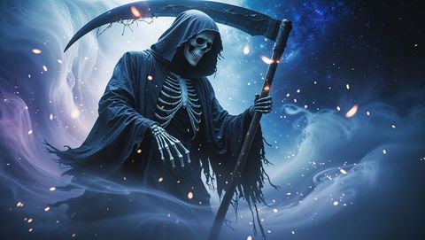 Skeletal grim reaper reaper amidst starry night and mystical mist