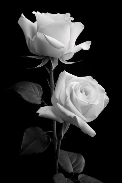 Elegant close-up of two white roses on a black background, showcasing their delicate petals and stem. Ideal for use in floral-themed design projects, minimalist art displays, wedding invitations, and as a decorative print for sophisticated interiors.