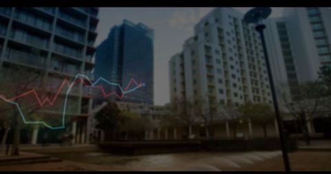 Modern urban fountain courtyard with data overlay