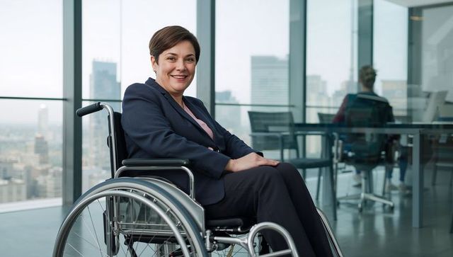 Confident wheelchair executive leading corporate meeting in modern high-rise boardroom office