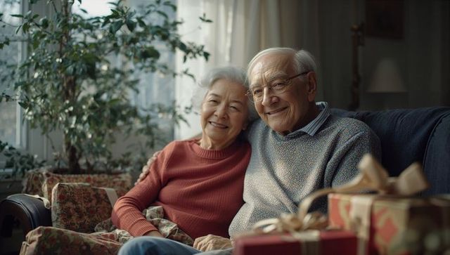 Senior couple relaxing by gift boxes in cozy living room with sunlight