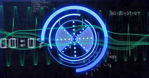 Futuristic blue hud interface rotating radar neon green waveform cyber data visualization