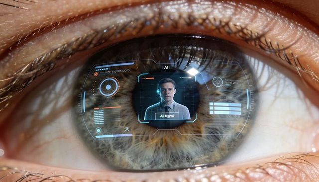 Close-up human eye reflecting holographic ai hud with virtual agent portrait