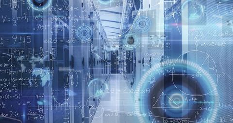 Tech Corridor with Futuristic Math Symbols and Data Visualization