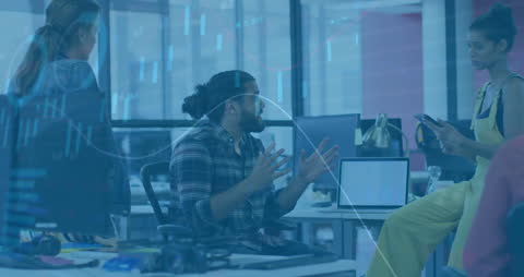 Collaborative Teamwork in Modern Office with Financial Data Holograph