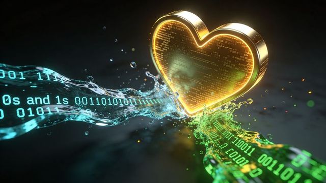 Golden heart emblem connecting cyan and green binary data streams for digital love and ai