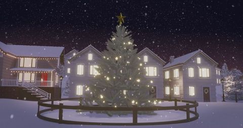 Festive Christmas Tree Glows Under Falling Snow at Night