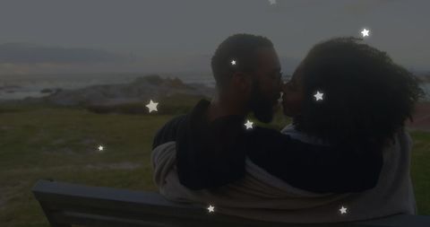Romantic Diverse Couple on Bench Admiring Night Sky