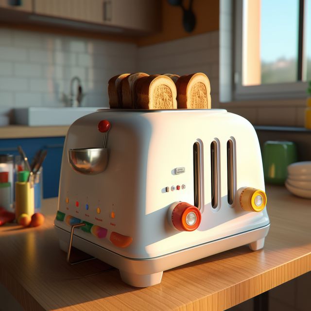 Retro toaster placed on kitchen countertop with slices of toasted bread. Bright kitchen surroundings with natural morning light creating a cozy atmosphere. Ideal for articles on kitchen appliances, breakfast recipes, or retro kitchen decor.