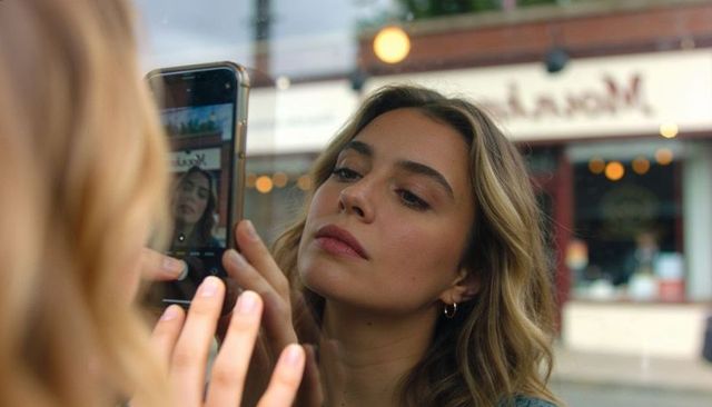 Gazing young woman taking smartphone selfie reflected in storefront glass with bokeh