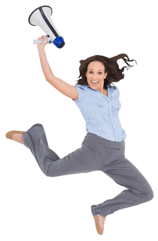 Cheerful businesswoman jumping with transparent megaphone