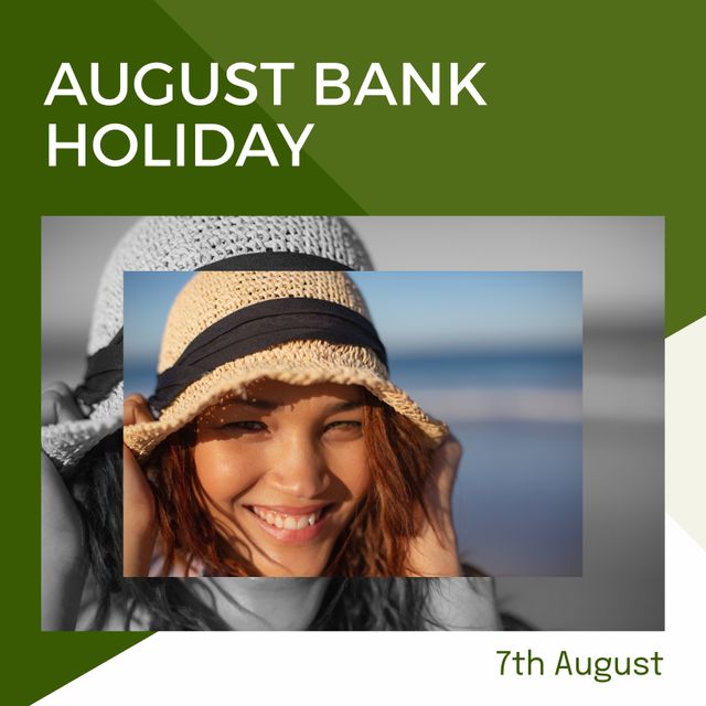 August Bank Holiday Celebration with Smiling Woman on Beach - Download Free Stock Templates Pikwizard.com