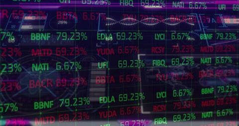 Digital stock ticker data overlay in modern trading office