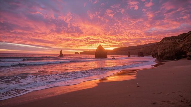 Dramatic coastal sunset with sea stacks and vibrant sky reflections