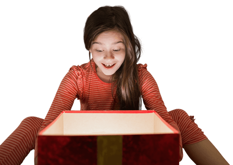Caucasian Girl Enthusiastically Opening Christmas Present on Transparent Background