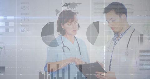 Clinicians reviewing digital patient data on tablet with analytics overlays and charts