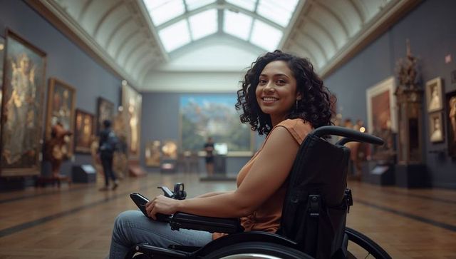 Woman Enjoying Art in Museum from Wheelchair Perspective