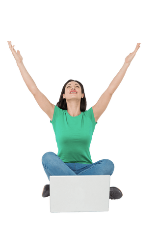 Caucasian Woman Celebrating Success with Laptop on Transparent Background