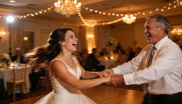 Bride spinning with father laughing on dance floor during elegant wedding reception