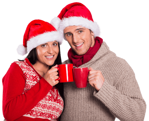 Festive Couple Wearing Santa Hats Holding Mugs Transparent Background