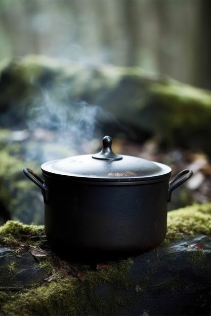A steaming pot sits on a mossy surface outdoors. Capturing the essence of outdoor cooking, the image evokes a sense of adventure and self-reliance.