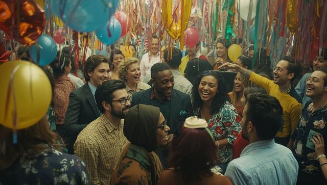 Office Celebration with Diverse Coworkers Among Colorful Balloons
