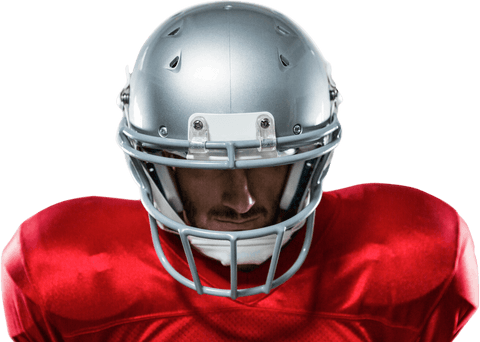 Transparent serious football player in red jersey focusing