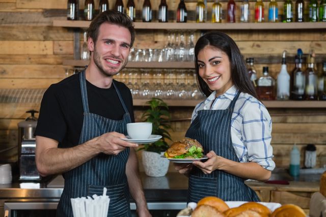 Portrait of waiter and waitresses holding cup of coffee and food at counter in cafÃ©
