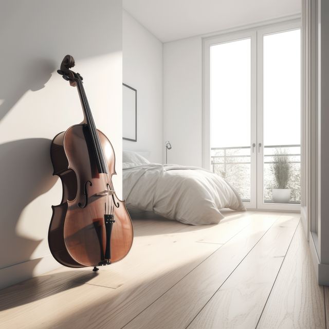 Empty bedroom with sunlight flooding through large windows, highlighting a wooden cello resting against the wall. Empty white bed and minimalistic interior design create a cozy and serene atmosphere, perfect for portraying themes of simplicity, relaxation, musical ambiance, and modern home decor.