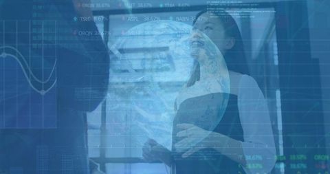 Global business interface with team meeting in modern office