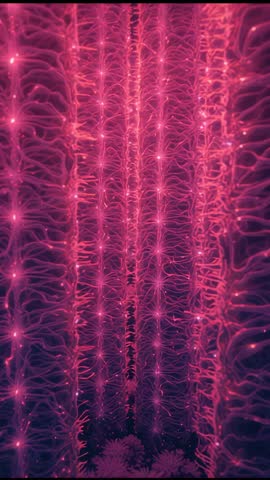 Vertical loop showing pulsing filament grid glowing with nodal sparks and neon energy flow