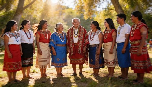 Indigenous family gathering celebrating traditional dress and beadwork in sunlit grove