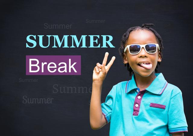 Young boy wearing sunglasses and a casual shirt, showing a peace sign and sticking out his tongue. Background features 'Summer Break' text. Ideal for promoting summer activities, school holidays, and children's events.