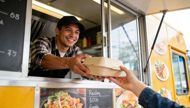 Smiling food truck vendor handing compostable takeout to customer through window, street food