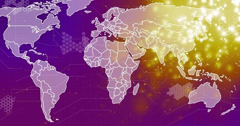 Global Connectivity Network Map on Purple-Gold Gradient