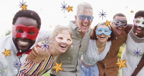 Diverse Friends Celebrating in Festive Masks with Christmas Stars