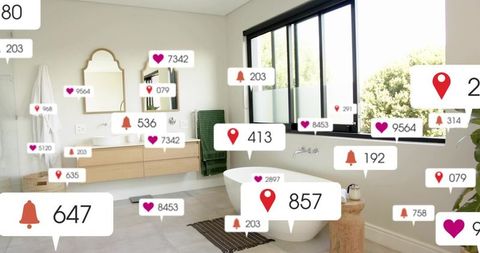 Minimalist bathroom featuring freestanding tub with social media notification overlays