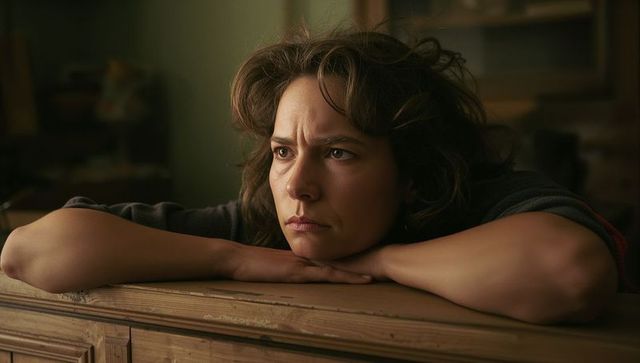 Pensive woman leaning on worn wooden cabinet, resting chin and gazing into distance