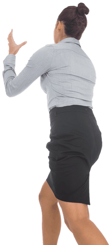 Transparent back view of furious hispanic businesswoman expressing frustration