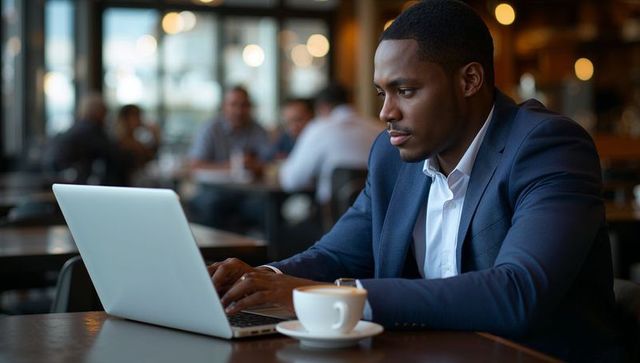 Focused black businessman typing on laptop in cafe with coffee cup, modern workspace