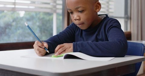 Focused Boy Writing in Workbook at School Desk