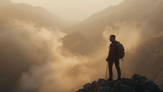 Hiker standing on ridge looking over misty mountain valley at golden sunrise