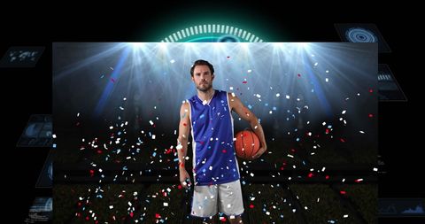 Basketball player surrounded by digital effects and confetti