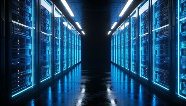 Neon-lit data center corridor showcasing glowing blue server racks and reflective floor