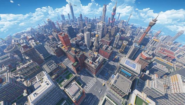 Sunlit aerial view of futuristic downtown skyscraper grid with multilane intersections