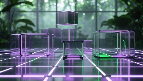 Futuristic Transparent Cubes on Neon Grid with Greenhouse Backdrop