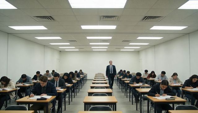 Male proctor walking down central aisle overseeing students taking exam in spacious hall