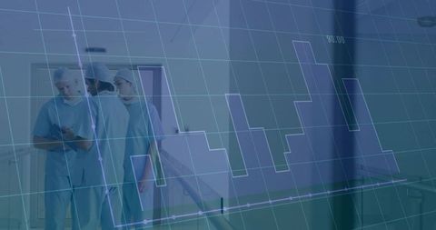 Clinical team reviewing clipboard in hospital corridor with healthcare data overlay
