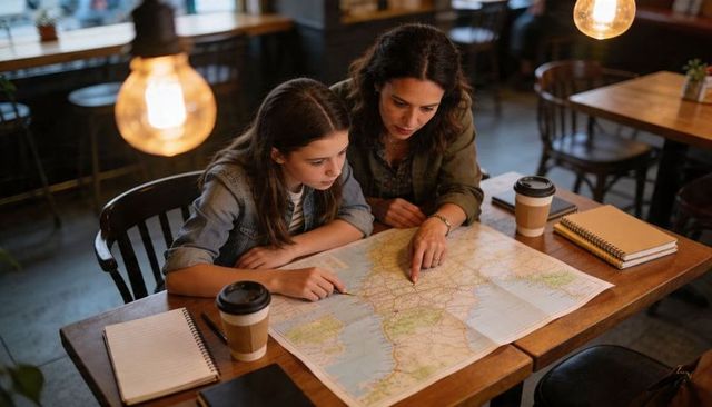 Mother daughter tracing road trip route on map while planning travel over coffee in cozy cafe